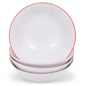 Set of 4 White Ceramic Dinner Bowls with Elegant Red Rim - Durable & Stylish