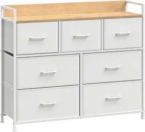 SONGMICS Dresser Cabinet, Storage Drawers, Chest of Drawers, 7 Fabric Drawers with Handles, Cloud White and Oak Beige