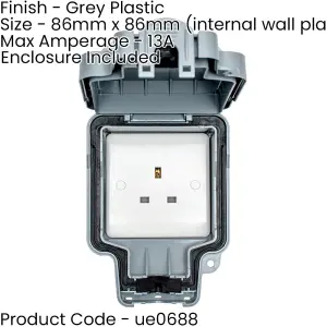 2 PACK IP66 Outdoor 1 Gang Single Unswitched 13A UK Plug Socket Garden Enclosure