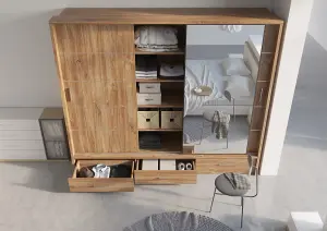 Modern Lux Wardrobe with Shelves and Mirrored Door in Oak Sterling - LED Lit Storage Solution (H2150mm W2500mm D630mm)