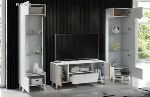 Furneo High Gloss & Matt White Living Room Set TV Stand Display Cabinets Azzurro8/12 White LED Lights