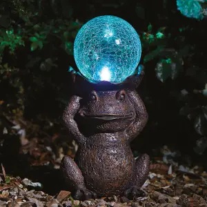 Solar Powered LED Frog Garden Ornament - Hand Painted Polyresin Sculpture with Light Up Crackle Glass Ball - H38 x W21 x D15cm