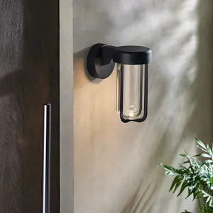 Matt Black Outdoor Wall Light with Glass Shade - IP44 Rated - Integrated LED