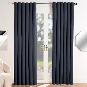 Eyelet Blackout Curtains Geo Embossed PAIR Thermal Ring Top, Navy - 46X72"