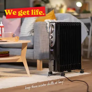 Russell Hobbs Electric Heater 2500W Black 11 Fin Oil Filled Radiator with 2 Year Guarantee RHOFR1106B