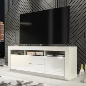 Modern TV Unit 160cm White with High Gloss Doors - Creative Furniture