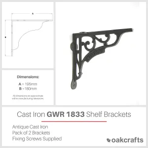 Oakcrafts - Pair of Antique Cast Iron 'GWR 1833' Shelf Brackets - 180mm x 200mm