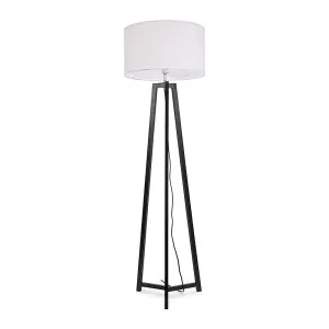 ValueLights Lottie Black Wood Tripod Floor Lamp with White Drum Shade - LED Bulb Included