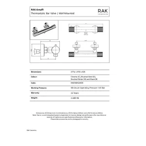 RAK Amalfi Thermostatic Bar Shower Valve Bottom Outlet - Brushed Gold