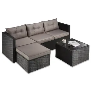 VonHaus Rattan Corner Chaise Sofa Set & Table, 3-4 Seater Corner Garden Sofa Set, Water Resistant Rattan Lounge Set & Cushions