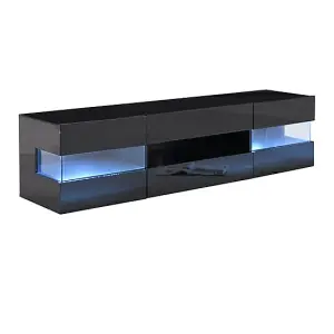 Kirsten TV Stand With Storage for Living Room and Bedroom, 1690 Wide, LED Lighting, Media Storage, Black High Gloss Finish