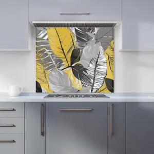 Grey Yellow Floral Leaves Premium Glass Kitchen Splashback W600mm x H600mm