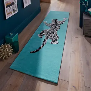 Climbing Jaguar Modern Wool Runner Rugs in Light Blue - 70x300cm