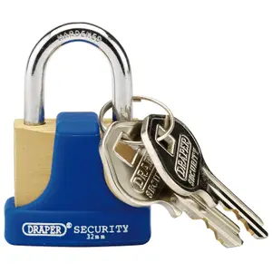 Draper 32mm Solid Brass Padlock and 2 Keys with Hardened Steel Shackle and Bumper 64164