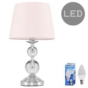 ValueLights Gatto Chrome & Acrylic Ball Touch Table Lamp with Pink Tapered Light Shade - with 5w LED Dimmable Candle Bulb