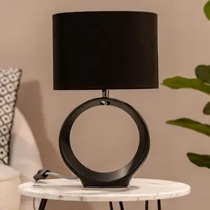 ValueLights Tia Black Hoop Ceramic Bedside Table Lamp with a Fabric Lampshade Living Room Light - Bulb Included