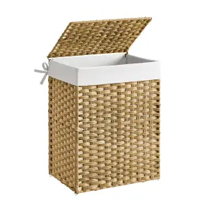 SONGMICS Laundry Basket, 90L Synthetic Rattan Storage Basket with Lid and Handles, Wicker, Removable Liners, Natural Colour