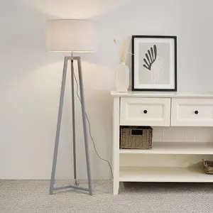 ValueLights Lottie Grey Wood Tripod Floor Lamp with Grey Drum Shade - LED Bulb Included