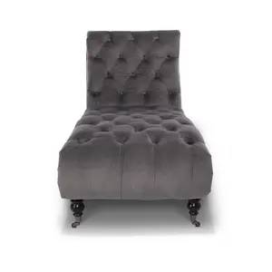 Chaise Lounge in Velvet Dark Grey Chesterfield