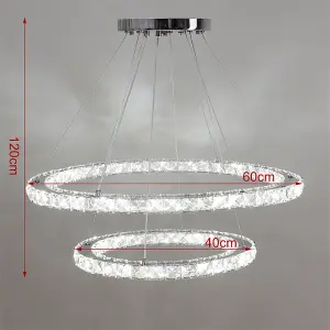 Modern 2 Tier Circular Adjustable Crystal Ceiling Mount LED Pendant Light 60cm Cool White