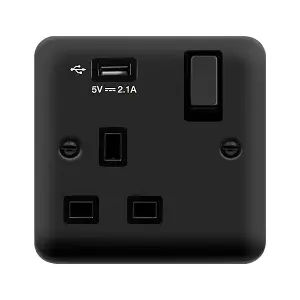 Curved Matt Black 1 Gang 13A DP Ingot 1 USB Switched Plug Socket - Black Trim - SE Home