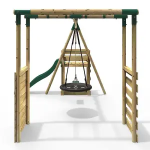 Rebo Wooden Children's Swing Set with Monkey Bars plus Deck & 6ft Slide - Double Swing - Satellite Green