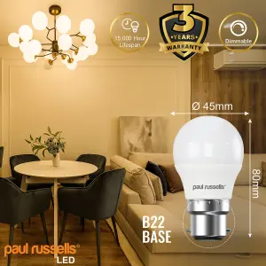 paul russells LED Golf Dimmable Bulb Bayonet Cap BC B22, 5.5W 470Lumens G45, 40w Equivalent, 2700K Warm White Light