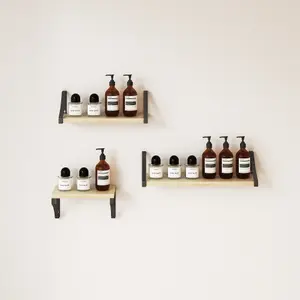 Floating Shelf Wall Mounted 3 Wood Shelves With Metal Brackets