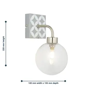 First Choice Lighting Set of 2 Geo Tile Brushed Chrome with Clear Glass Globe IP44 Bathroom Wall Lights