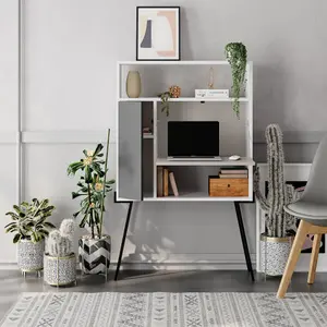 Decortie Tatti Modern Desk White Mocha Grey Anthracite Grey Multipurpose Laptop Modern Desk With Bookcase Width 83.5cm