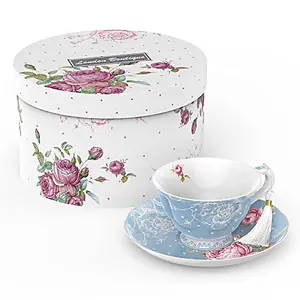 London Boutique Tea Cup and Saucer Set 1 Afternoon Tea Set New Bone China Vintage Flora Gift Box 200m (Blue)