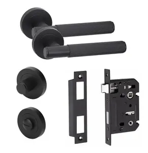 Linear T-Bar Bathroom Door Handle Set Thumbturn and Mortise Lock Matt Black