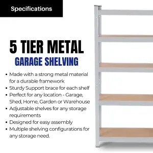 Garage Shelving 90cm Wide & 180cm High Heavy Duty 5 Tier Multipurpose Metal Racking Unit or Shelving Storage