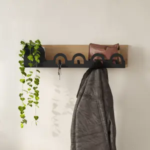 Decortie Modern Liora Wall Mounted Oak Hanger Storage with 4 Black Metal Hooks Coat Rack Shelf Engineered-Wood for Hallway Bedroom