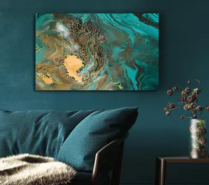 Turquoise And Teal Oil Flow Canvas Print Wall Art - Medium 20 x 32 Inches