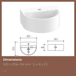 EMKE Ceramic Wash Basin for Small Cloakroom Bathroom, D shape Wash Basin Sink, Wall-Mounted Basin, 30.3x25.5x12cm