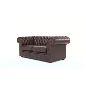 Chesterfield 2 Seater Antique Brown Real Leather Tufted Buttoned Sofa Settee In Classic Style