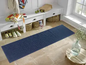 Ivy Washable Cubed Trellis Design Anti Slip Doormats Navy 60x220 cm