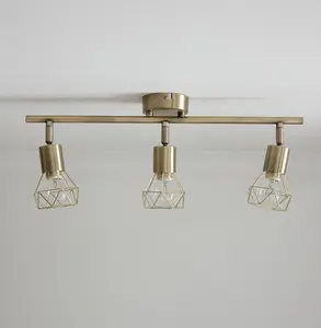 Juno Antique Brass 3lt Bar Ceiling Fitting with Brass Wired Shades