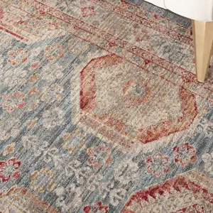 Light Blue Multicoloured Traditional Bordered Geometric Rug for Bedroom & Living Room-79 X 305cm (Runner)