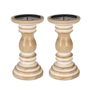 SET OF 2 Rustic Antique Carved Wooden Pillar Church Candle Holder, Beige,Small 13cm