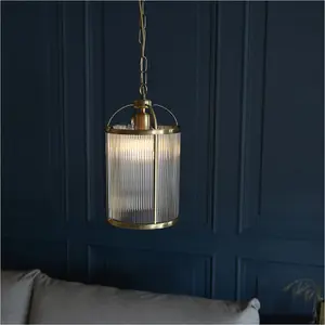 2 PACK Hanging Ceiling Pendant Light - Antique Brass Plate & Clear Ribbed Glass - 10W LED E27