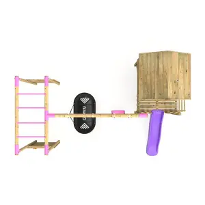 Rebo Orchard 4ft Wooden Children's Playhouse, Swings, Monkey Bars, Deck & 6ft Slide - Double Swing - Sage Purple