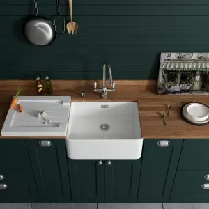 Astini Belfast 600 1.0 Bowl White Ceramic Butler Kitchen Sink & Chrome Waste