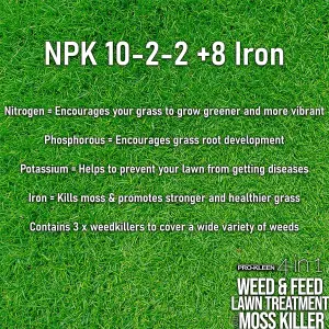 Pro-Kleen 4 in 1 Weed and Feed Lawn Treatment with Moss Killer 20kg Greens Grass Kills Weeds & Moss & Fertilises Grass