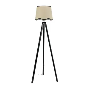 ValueLights Barbro Black Wood Tripod Floor Lamp with Natural Linen Scallop Black Edge Shade