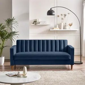 Furniturebox UK Velvet Sofa - 'Kit' 3 Seater Upholstered Navy Blue Fabric Sofa - Vertical Stitching - Modern Living Room Furniture