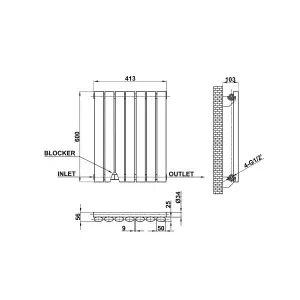 Horizontal Black Single Oval Panel Radiator (H)600mm x (W)413mm, 1462 BTU.