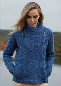 Ladies Irish Cable Knit Side Zip Cardigan Marl Blue