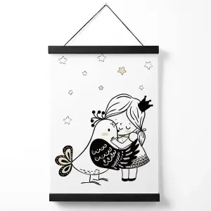 Scandi Princess Lttle Girl Hugging Bird Medium Poster with Black Hanger